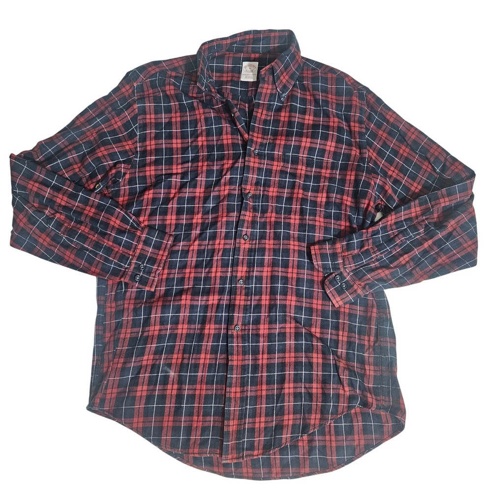 Brooks Brothers Mens Red Navy Plaid Flannel Button Down Shirt Regular Fit Medium
